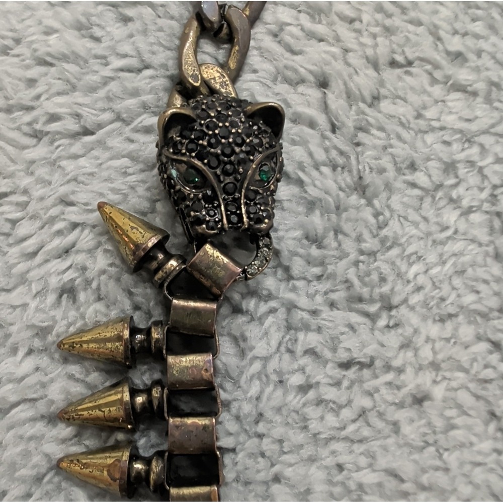 Natasha Double Panther Spike Statement Necklace Gunmetal Black Green Eyes - Picture 3 of 7